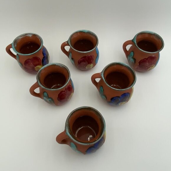 Set of 6 Mexican Clay Pottery Coffee Cup Chocolate Mug Hand Painted Flowers EUC - Picture 16 of 16
